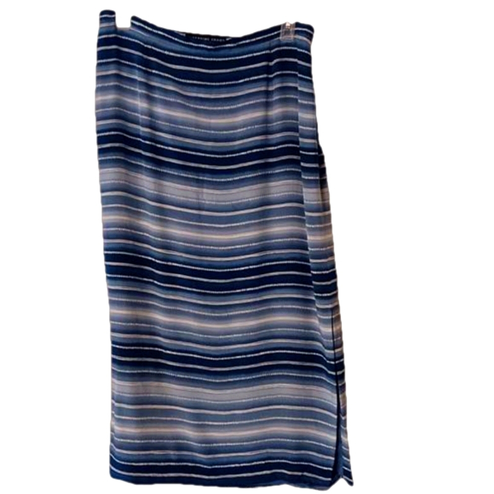 Josephine Chaus Women's 100%Silk Multi-Blue Striped Midi Skirt Side Elastic 16
